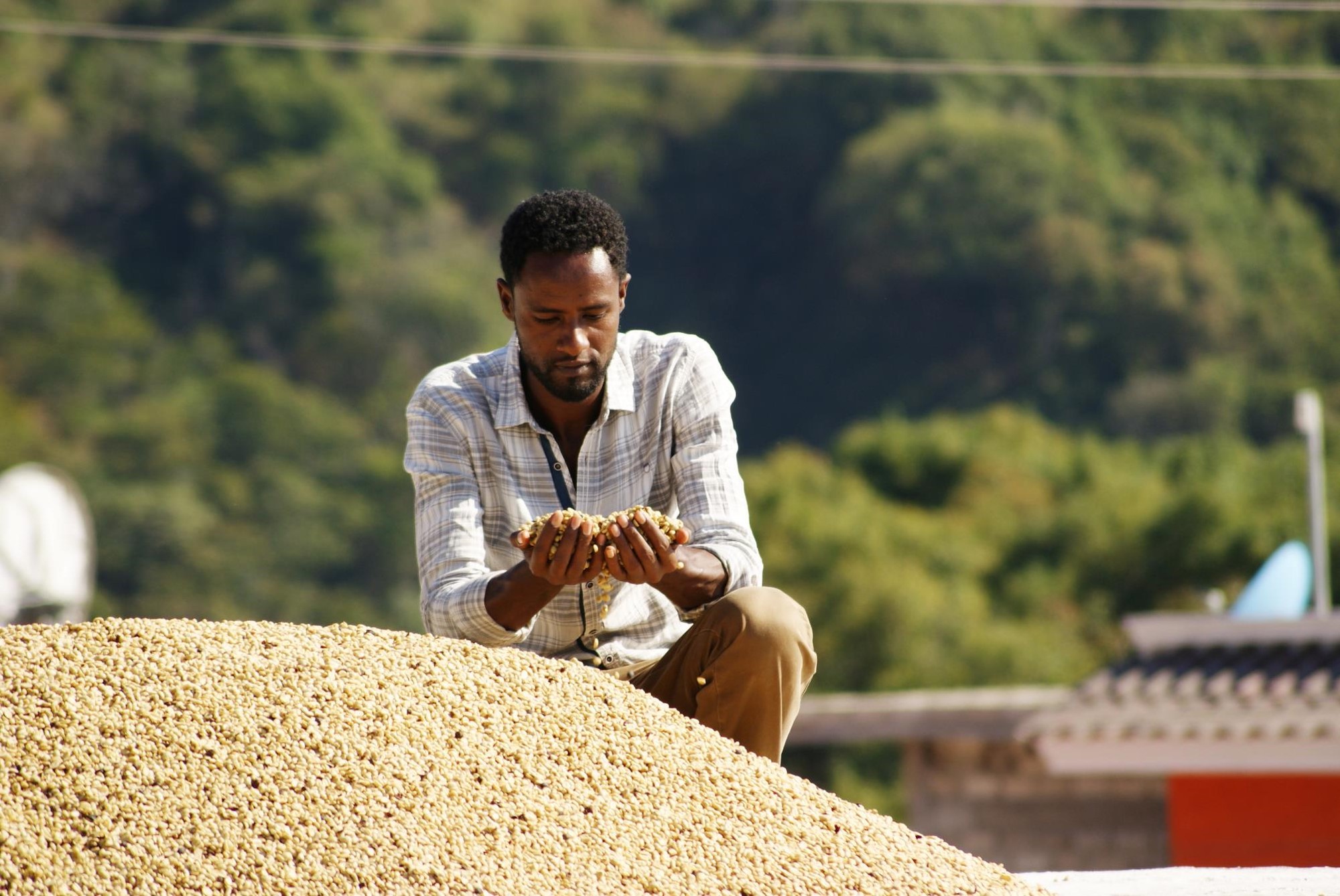 Mengistu holding a sisal bag.